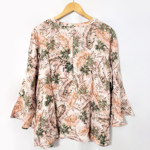 NWT J Jill Love Linen Women V-Neck Flounced Long Sleeve Tunic Size XL Palm Print - Picture 2 of 11